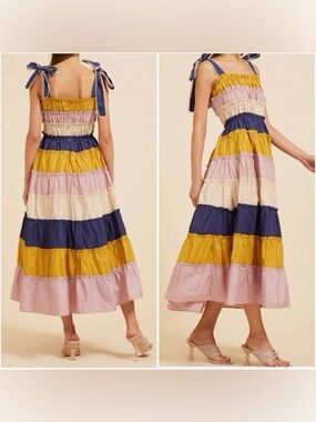 moodie Colorblock Tiered Tie-Shoulder Midi Dress in Mustard, Navy & Pink